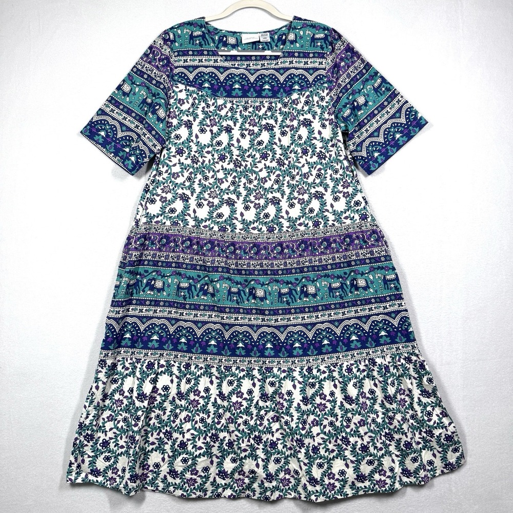 Vermont Country Store Dress Womens Large Elephant Print Tiered Muumuu Pockets